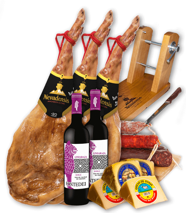 Lote de Jamones de Trevélez, Kit Jamonero, Embutidos, Queso y Vino